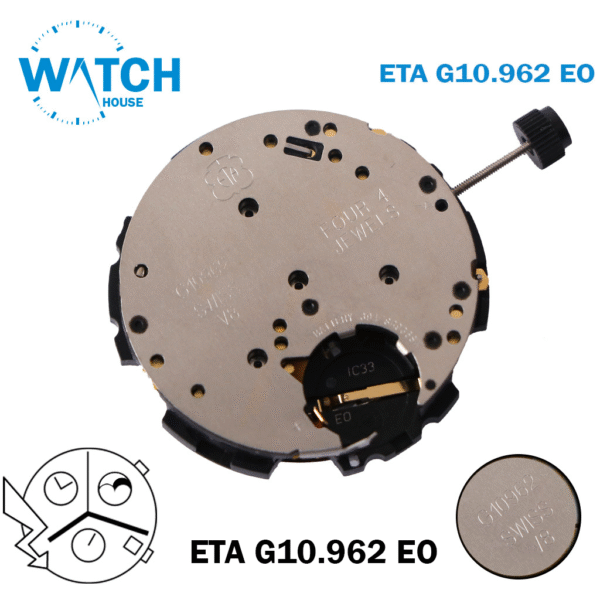 ETA G10.962 EO Swiss Made Watch Movement, White Date Disk At 4, Chronograph, Moon Phase.