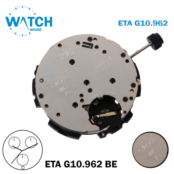 , ماكينة ايتا سويسري ETA G10.962 EO  ,النتيجه عند  6, قرص التاريخ ابيض ,4 جواهر