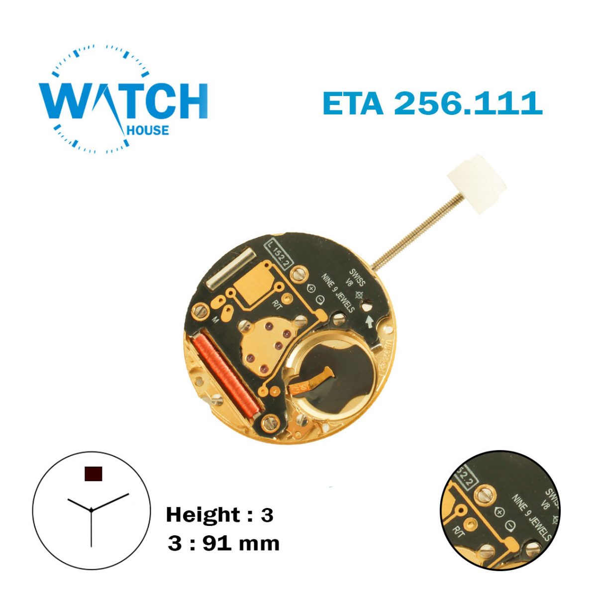 ETA 256.111 Horizontal Swiss Watch Movement, White Date Disk at 12, 3 Hands, Height 3. 