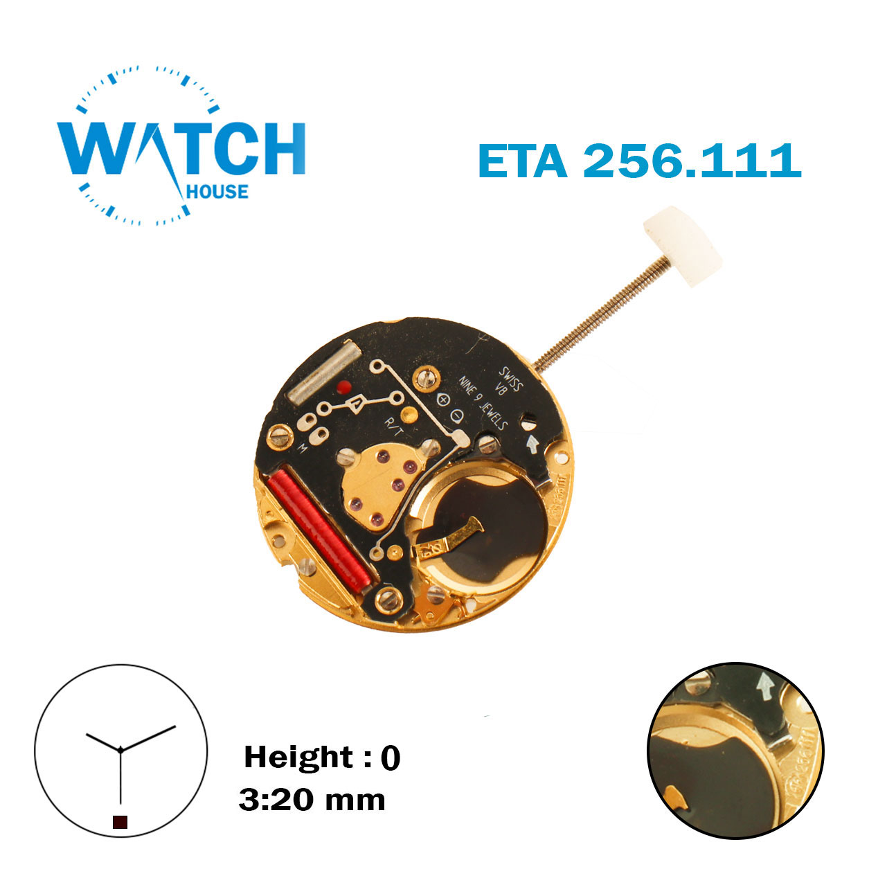 3-12 ETA 256.111 Swiss Watch Movement, White Date Disk at 6, 3 Hands, Height 0