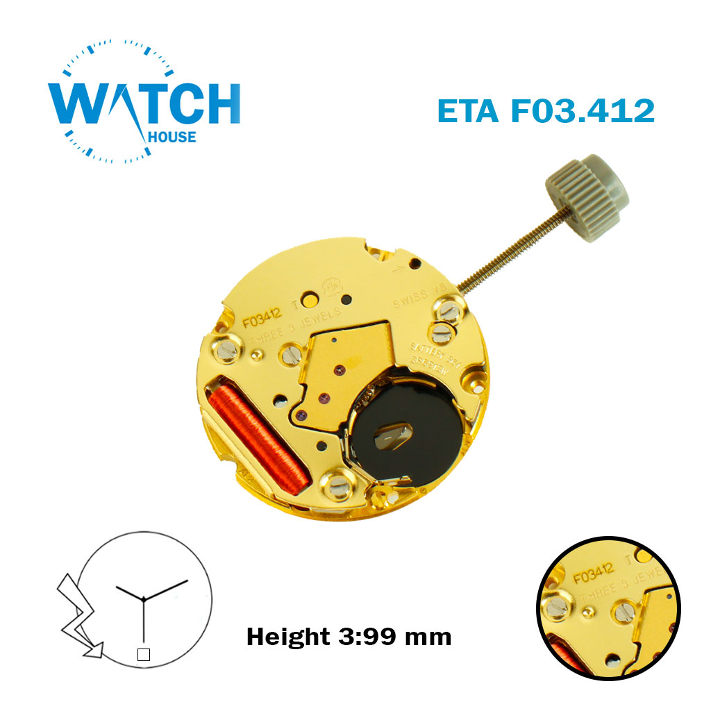 ETA F03.412 Swiss Watch Movement | White Date Disk at 6 | Height 3.99mm