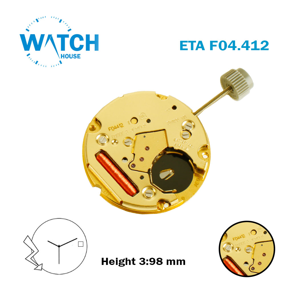 ETA F04.412 Swiss Watch Movement, White Date Disk At 3, 3 Hands, Height 3:98 mm