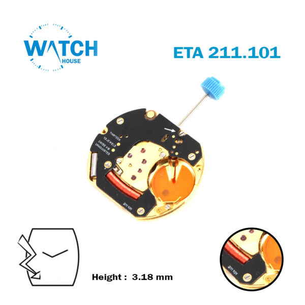 ETA 211.101 Swiss Watch Quartz Movement, 2 Hands , Without Disk, 13 Jewels, Height 3.18 mm