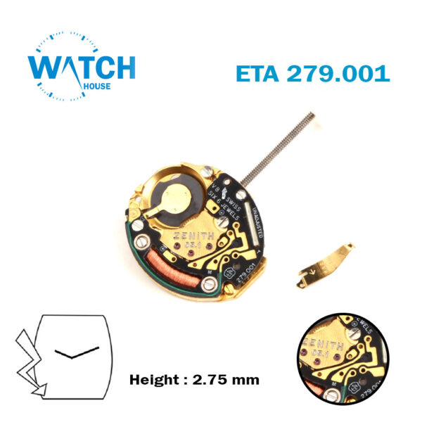 ETA 279.001 ZENITH Swiss Watch Movement, Height 3, Without Disk, 2Hands.