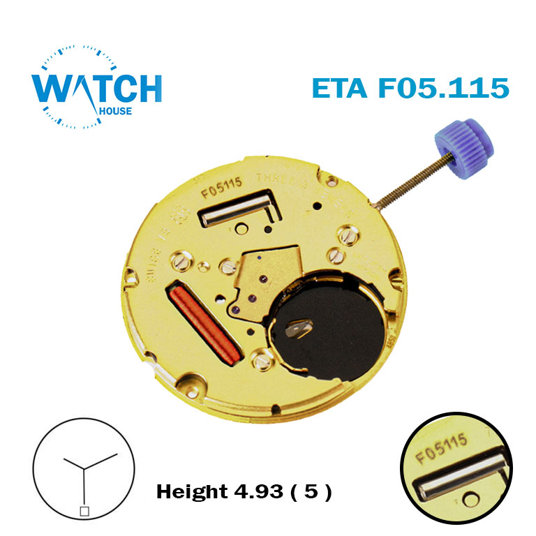 ETA F05.115 Swiss Made Watch Movement, Black Date Disk at 6, Height 5.00.