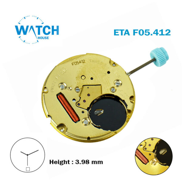 ETA F05.412 Swiss Made Watch Movement, White Date Disk at 6, Hight 3.98 mm .