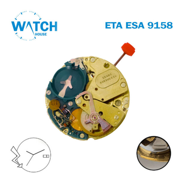 ETA 9158 or ESA 9158 Swiss Made Watch Movement, Silver Date-Day Disk at 3, 3 hands.