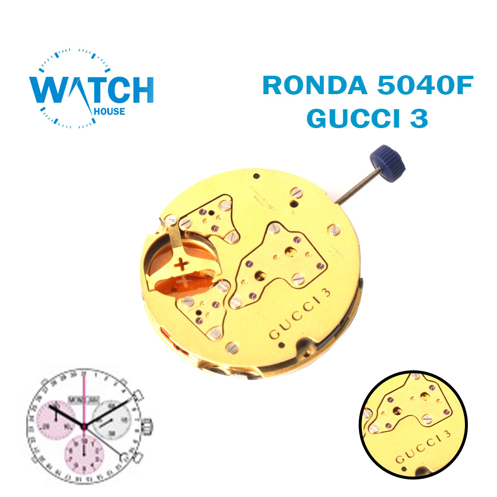 Ronda 5040 F ( GUCCI 3 ) Swiss Made Watch Movement, White Date Disk at 3, Gold Plated.