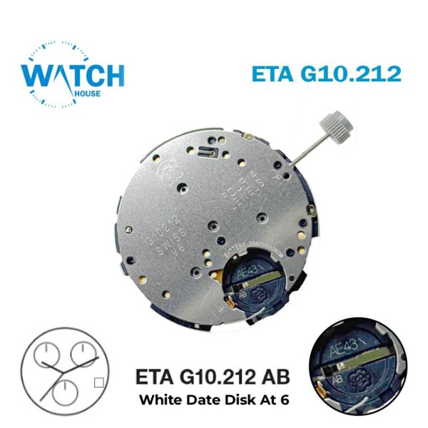 ETA G10.212 Swiss Quartz Movement, White Date Disk at 4:30, Height 5,12 mm, ( AB )
