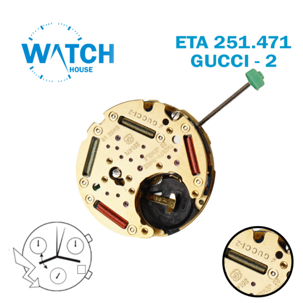 ETA 251.471 GUCCI 2 Swiss Quartz Chronograph Movement – Blue Date Disk at 4 -NOS- , Height : 6:58 mm {  3 Conter }