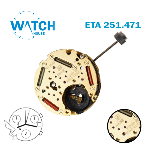 ETA 251.471 Swiss Quartz Chronograph Movement – Black Date Disk at 3 -NOS-, Height 6:88 mm { 3 Conter }