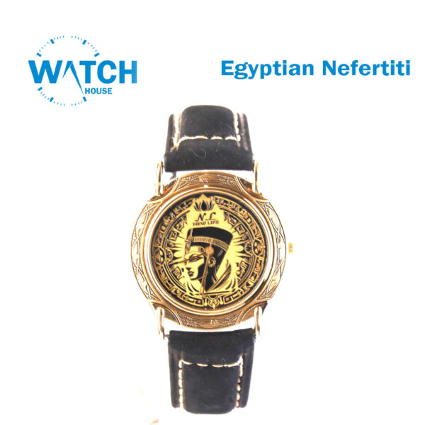 New Life Egyptian Nefertiti Gold Plated Watch, Handmade 21K Gold Tone Dail | Swiss Movement | Leather Strap | Limited Edition