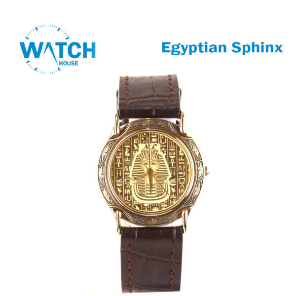 New Life Egyptian Sphinx Gold Plated Watch, Handmade 21K Gold Tone Dail | Swiss Movement | Leather Strap | Limited Edition.