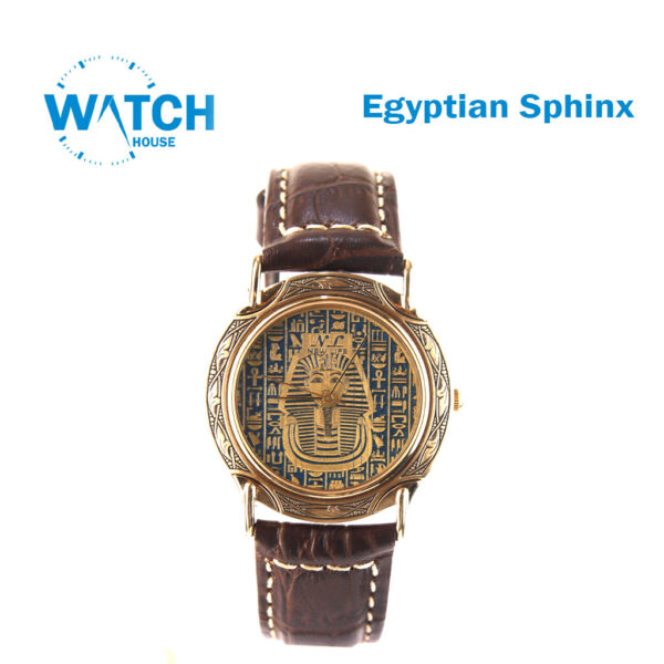 New Life Egyptian Sphinx Gold Plated Watch, Handmade 21K Gold Tone Dail | Swiss Movement | Leather Strap | Limited Edition.
