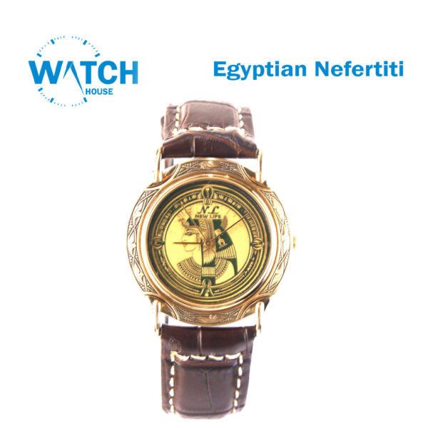 New Life Egyptian Nefertiti Gold Plated Watch, Handmade 21K Gold Tone Dail | Swiss Movement | Leather Strap | Limited Edition.
