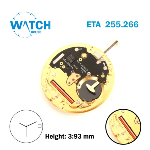 ETA 255.266 Swiss Made Watch Movement Quartz, Gold Date Disk at 3 ,3 Hands.