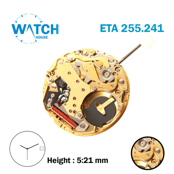 ETA 255.241 Swiss Made Watch Movement, Gold Date Disk At 3, Height 5.21 mm .