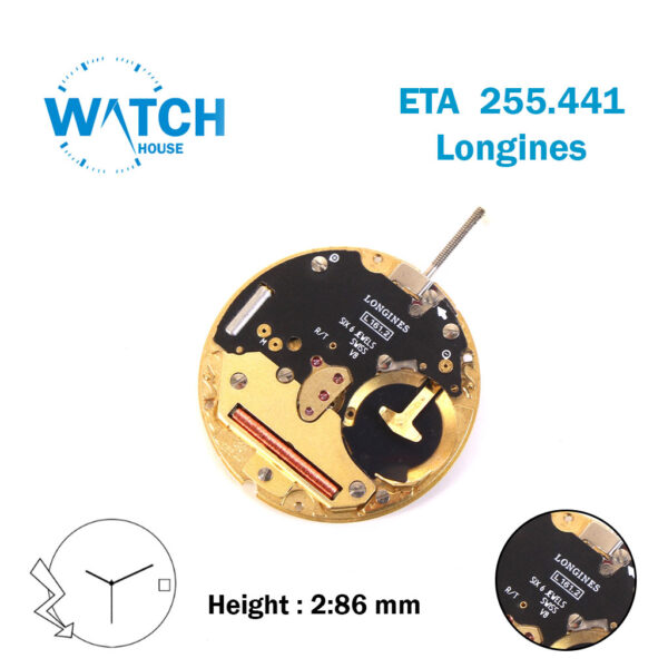 Longines L161.2 (ETA 255.441) Swiss Quartz Movement | 3 Hands | White Date Disk At 3, Height 2:86 mm.