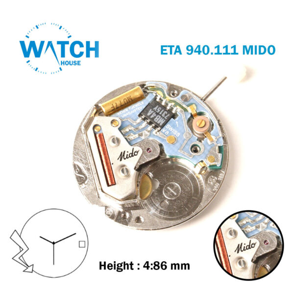 ETA 940.111 MIDO Swiss Made Watch Movement, White Date Disk At 3, 3 Hands, Without Battery Clamp NOS.