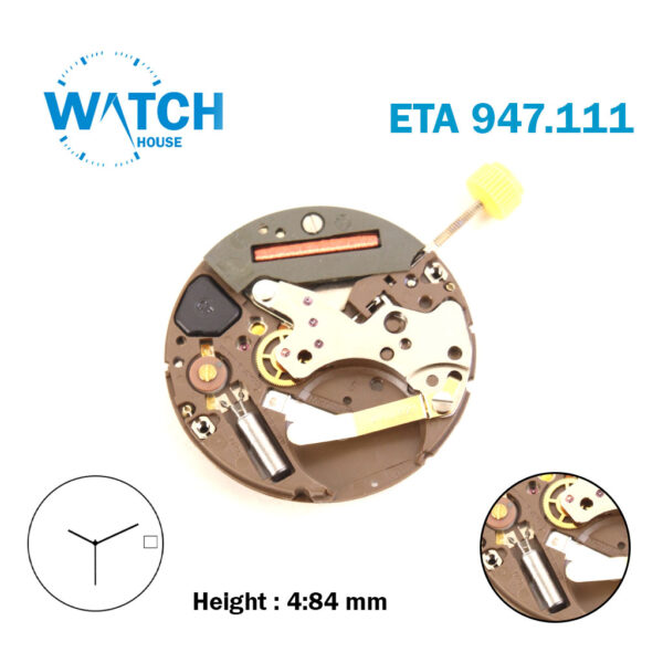 ESA 947.111 Swiss Made Watch Movement, White Date Disk At 3, 3 Hands, Silver.